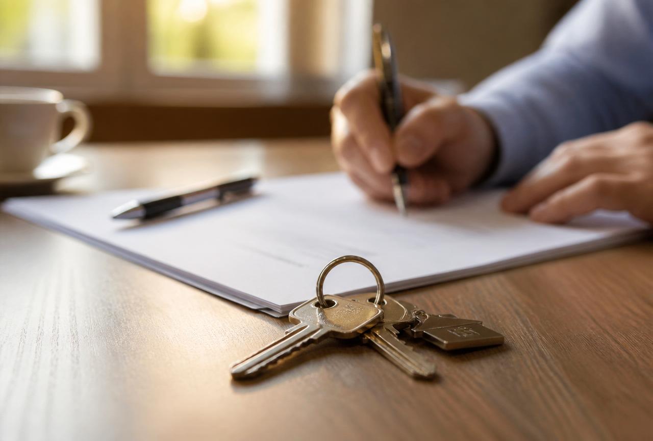 Homeowner signing sale paperwork with house keys on the table