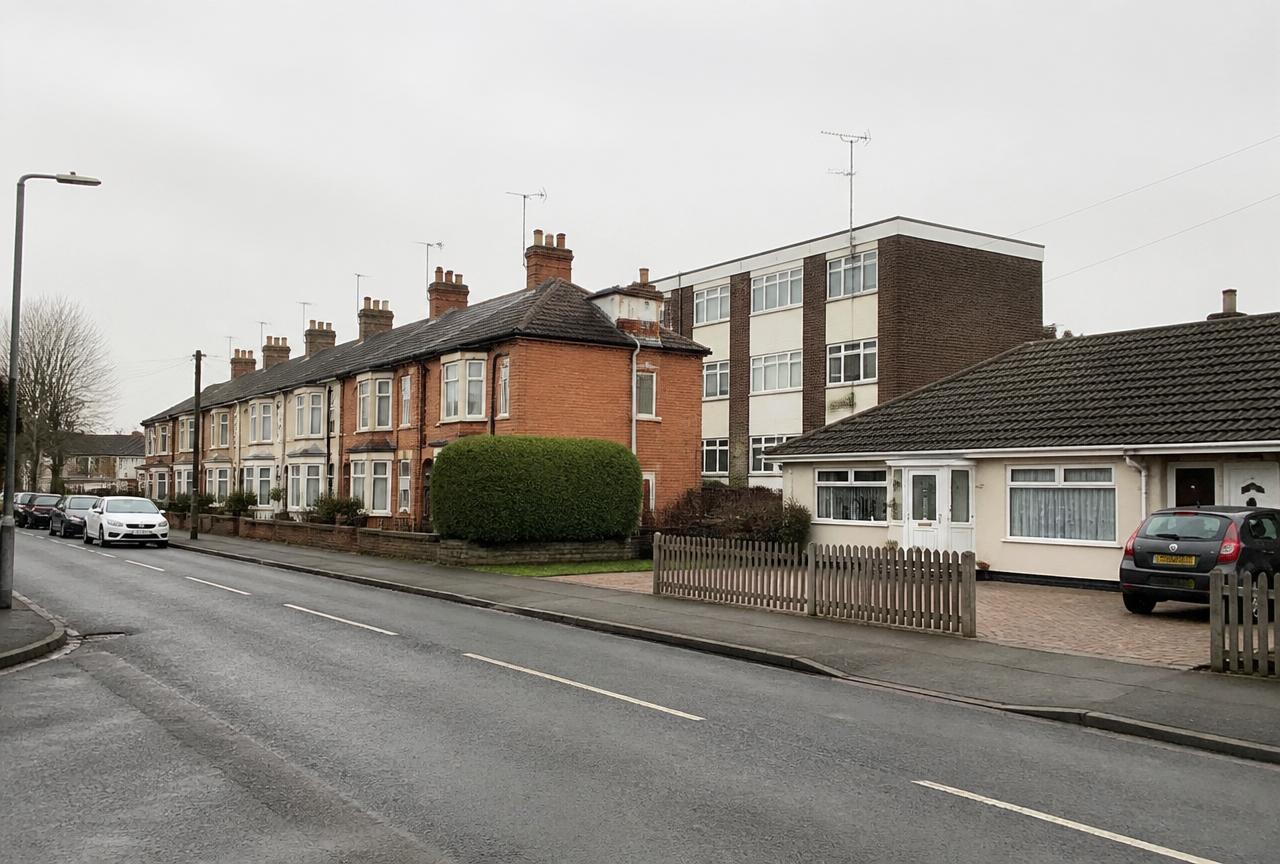 Terraced houses, a bungalow and a block of flats on a West Midlands street